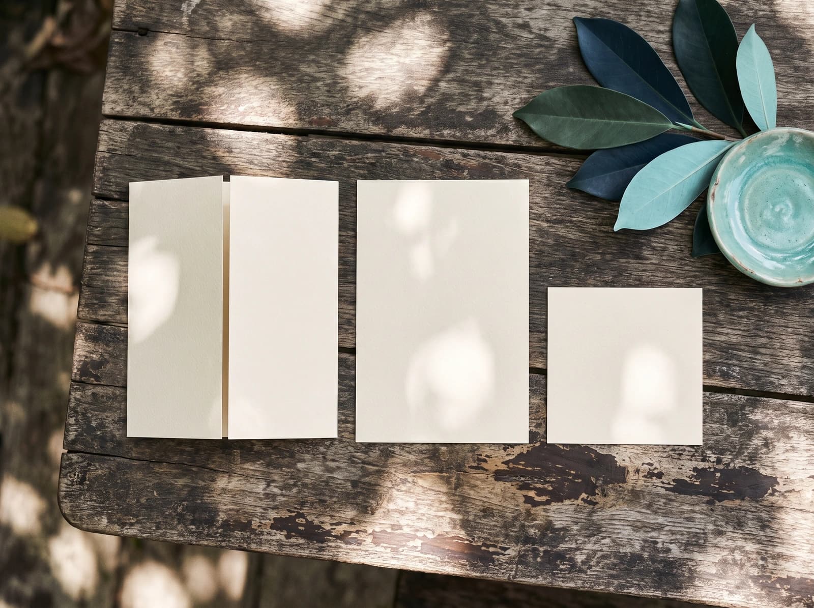 Impressos em branco sobre mesa de madeira à sombra, reservados para as peças reais do projeto