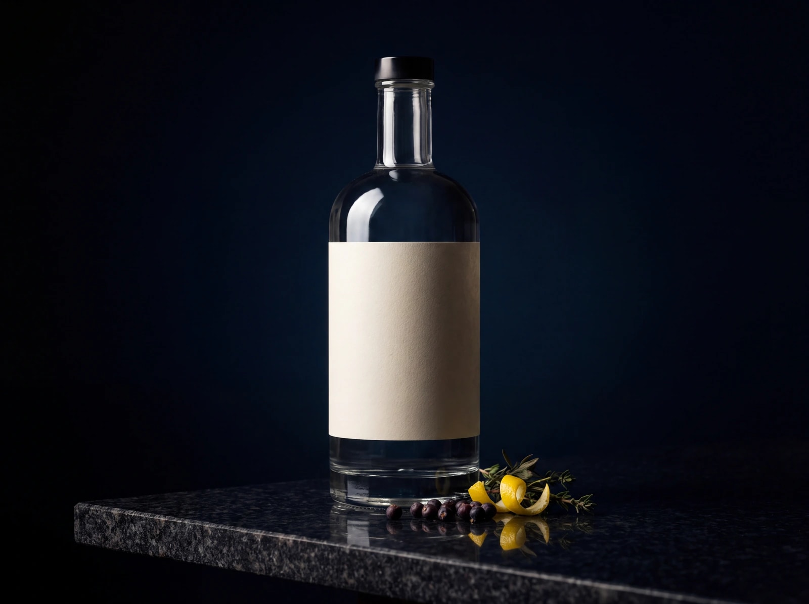 Garrafa de gin com rótulo em branco sobre pedra escura, reservada para a peça real do projeto
