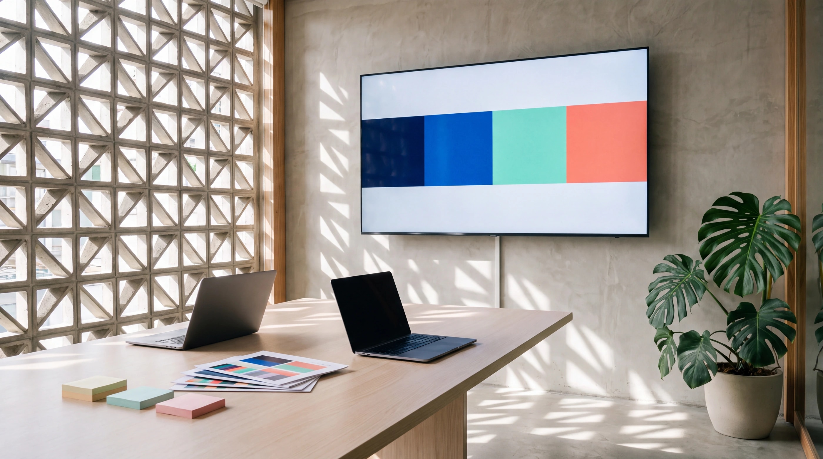 Sala de planejamento de agência com painel de barras coloridas, notebooks e luz filtrada por um cobogó