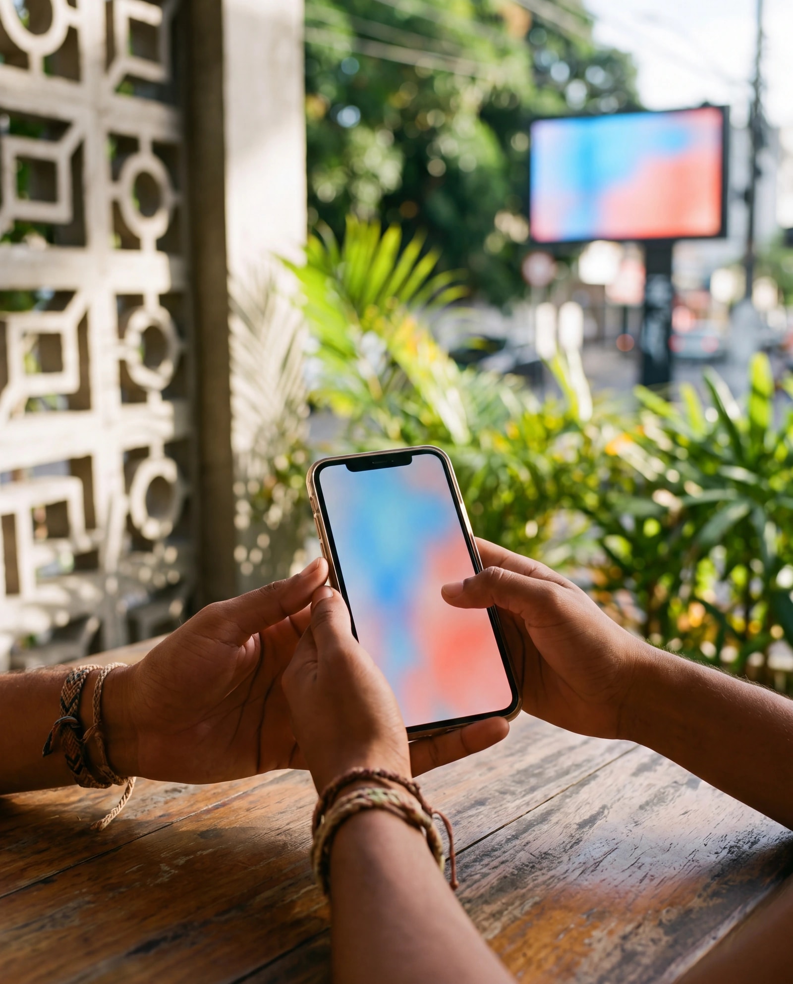 Mãos segurando um celular em uma mesa de café, com um painel digital aceso desfocado ao fundo